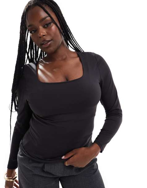ONLY Curve 2 way long sleeve square neck top in black - view 1