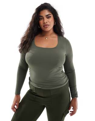 2 way long sleeve square neck top in dark green