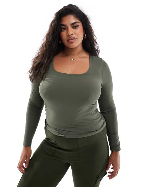 ONLY Curve 2 way long sleeve square neck top in dark green - view 1