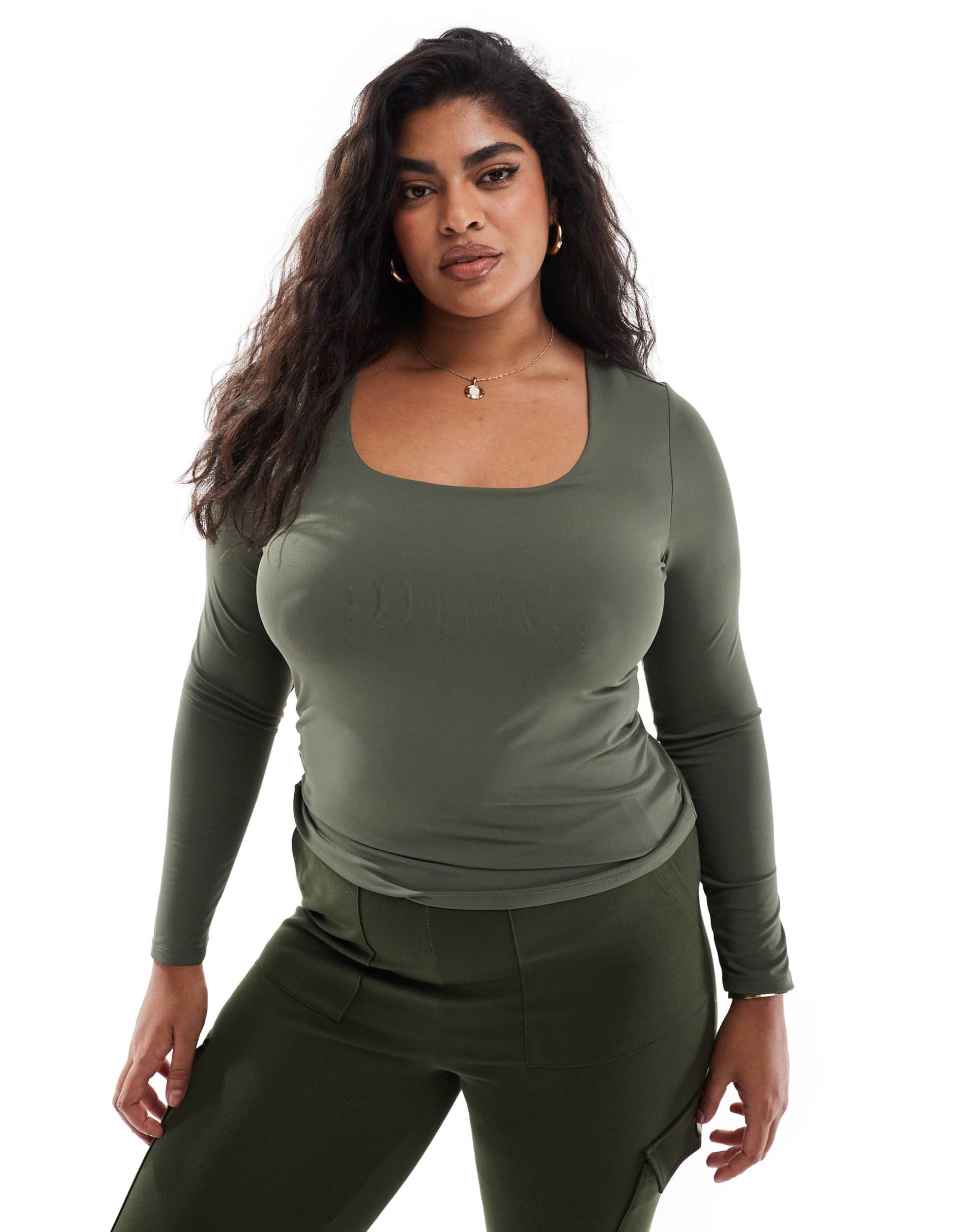 only curve 2 way long sleeve square neck top in dark green
