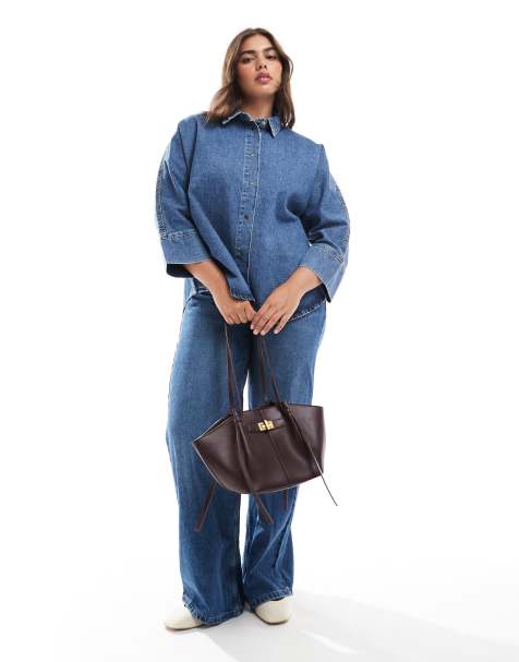 ONLY Curve 3/4 sleeve denim shirt in mid blue - view 1