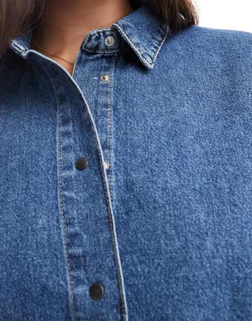 ONLY Curve 3/4 sleeve denim shirt in mid blue, 3 of 4