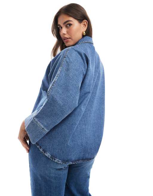 ONLY Curve 3/4 sleeve denim shirt in mid blue ASOS
