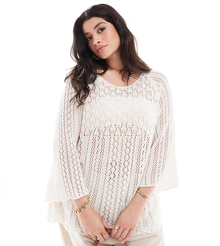 Only Curve 3/4 Sleeve Knit Top In Off White