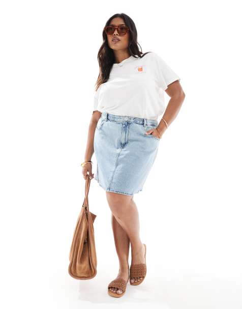 ONLY Curve a-line denim mini skirt in light blue - view 1