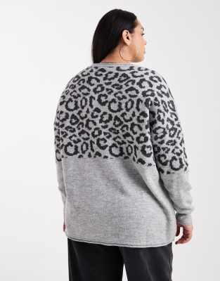 Only Curve Animal Print Sweater In Gray