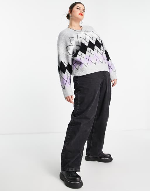 Only Curve argyle oversized jumper in grey , 2 of 4