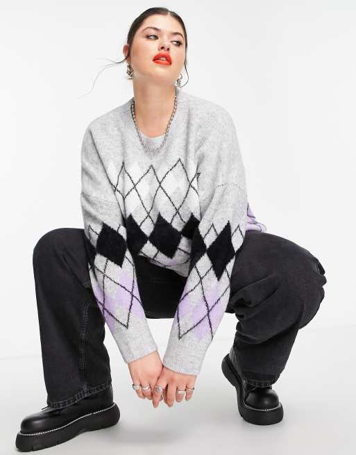 Only Curve argyle oversized jumper in grey , 3 of 4