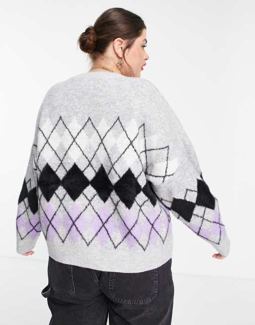 Only Curve argyle oversized jumper in grey , 4 of 4