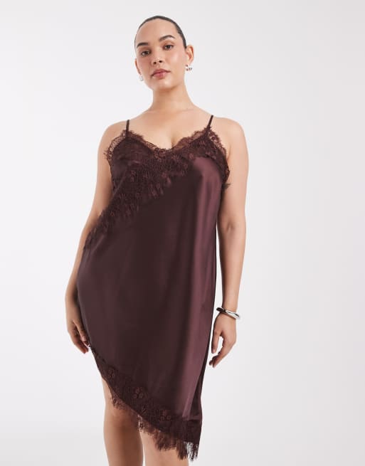 ONLY Curve asymm lace hem satin cami mini dress in chocolate, 2 of 4