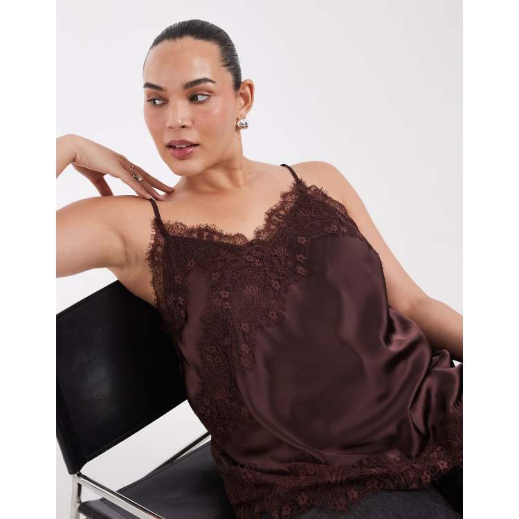 ONLY Curve asymm lace hem satin cami top in chocolate | ASOS