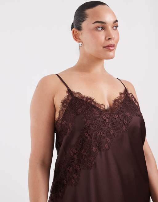 ONLY Curve asymm lace hem satin cami top in chocolate, 2 of 4