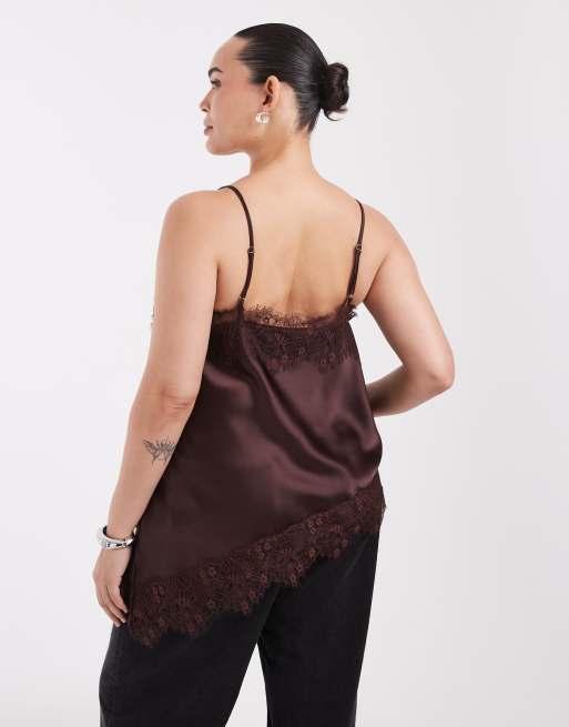 ONLY Curve asymm lace hem satin cami top in chocolate, 4 of 4