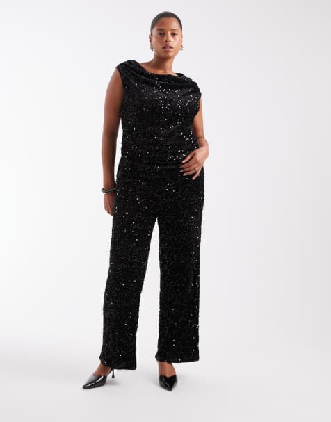 ONLY Curve asymmetric neckline ruched top co-ord in black sequins - view 1
