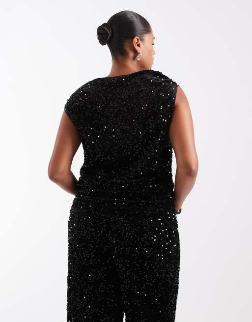 ONLY Curve asymmetric neckline ruched top co-ord in black sequins, 3 of 4