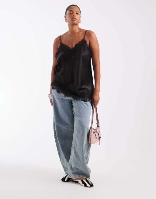 ONLY Curve asymmetrisches Satin-Cami-Top mit Spitzensaum in Schwarz, 4 von 4