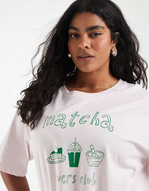 ONLY Curve – Babyrosa t-shirt i oversized fit med matcha-tryck - view 1