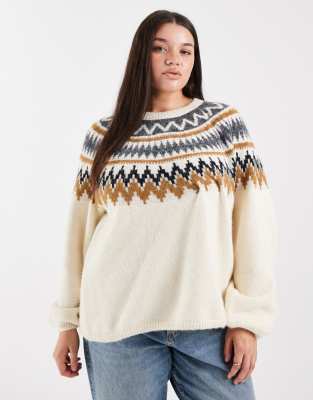 Only Curve ONLY Curve balloon sleeve fair isle jumper in beige-Neutral