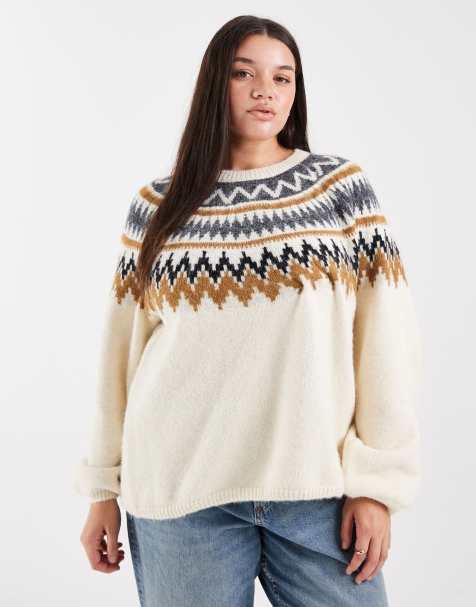ONLY Curve balloon sleeve fair isle sweater in beige - view 1