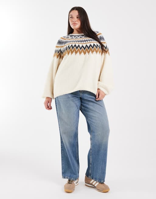 ONLY Curve - Beige trøje med ballonærmer og Fair Isle-mønster, 2 af 4