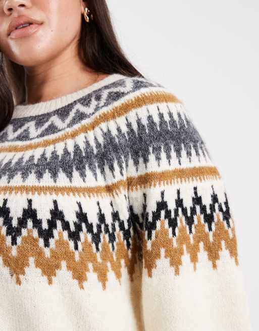 ONLY Curve - Beige trøje med ballonærmer og Fair Isle-mønster, 3 af 4