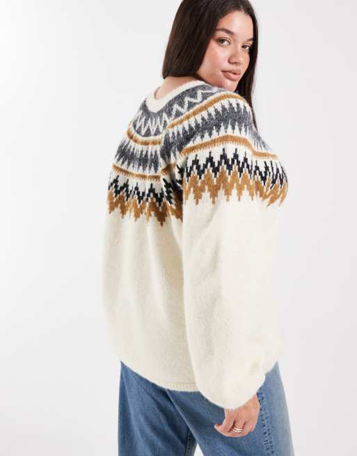 ONLY Curve - Beige trøje med ballonærmer og Fair Isle-mønster, 4 af 4