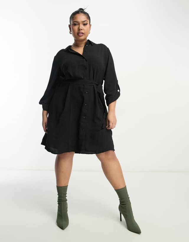 Only Curve belted mini shirt dress in black