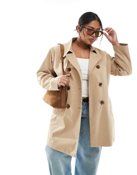 ONLY Curve belted short trench coat in beige - view 1