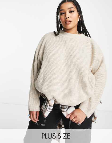 ONLY Curve ribbed crew neck jumper in beige 