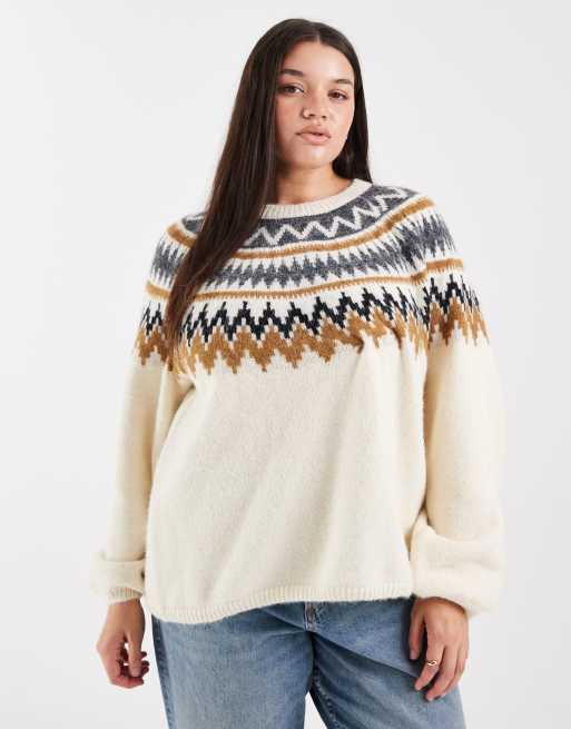 ONLY Curve – Beżowy sweter z balonowymi rękawami i wzorem Fair Isle
