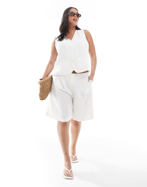 ONLY Curve high waist longline tailored shorts in white linen co-ord