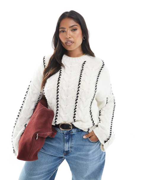 ONLY Curve contrast stitch jumper in white