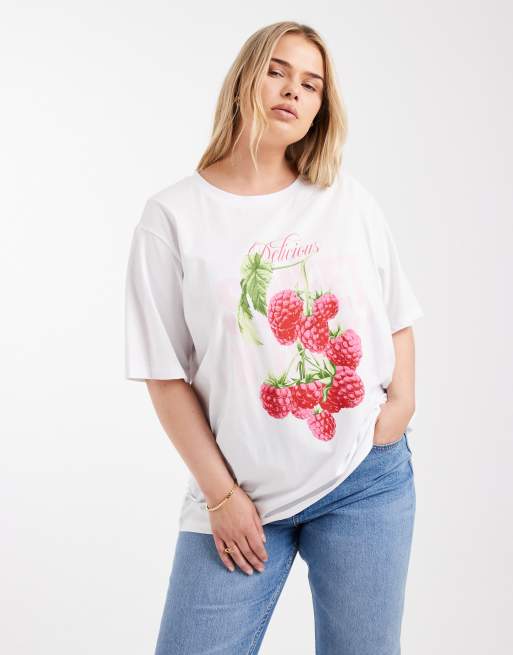 ONLY Curve – Biały T-shirt o fasonie boyfriend z grafiką z malinami