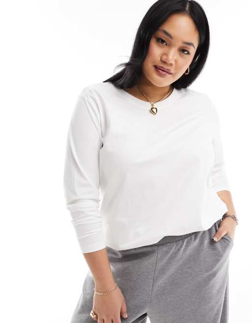 Only Curve – Biały T-shirt o pudełkowym kroju z długim rękawem 