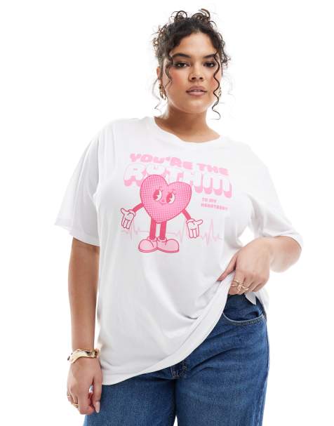 Only Curve – Biały T-shirt oversize z grafiką z motywem serca - view 1