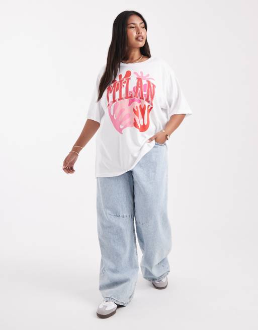 ONLY Curve – Biały T-shirt oversize z grafiką z napisem „Milan“, 2 z 4