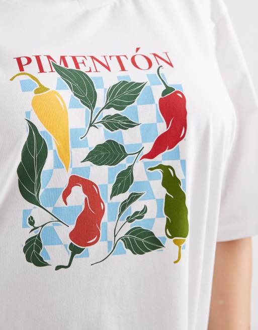 ONLY Curve – Biały T-shirt oversize z grafiką z papryczkami chilli, 3 z 4