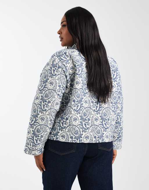 ONLY Curve - Blå quiltet jakke med jacquard-print, 4 af 4