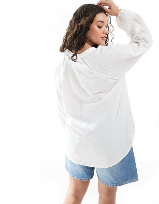 ONLY Curve - Blouse van kaasdoek met V-hals in wit, 4 van 4