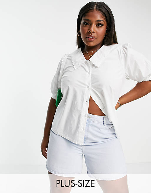 Only Curve blouse with low neck and broderie detail in white