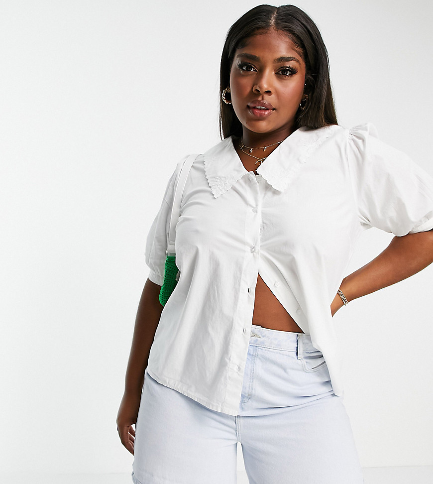 Only Curve blouse with low neck and eyelet detail in white