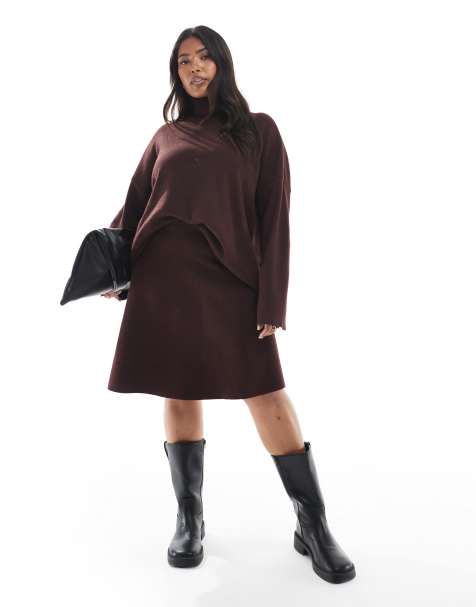 ONLY Curve skater mini skirt co-ord in burgundy