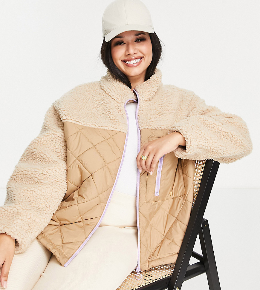 Only Curve borg & quilted jacket in beige-Neutral