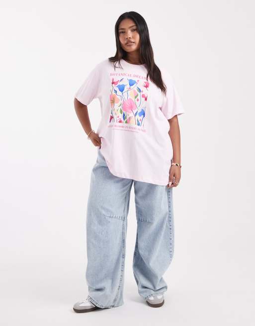 ONLY Curve botanical graphic boyfriend t-shirt in pink, 2 of 4