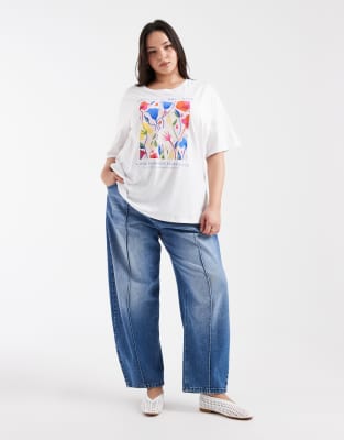 Only Curve Botanical Graphic Oversized T-shirt In White