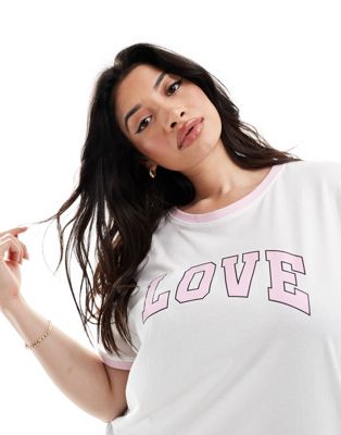 ONLY Curve boxy fit t-shirt with love print in white