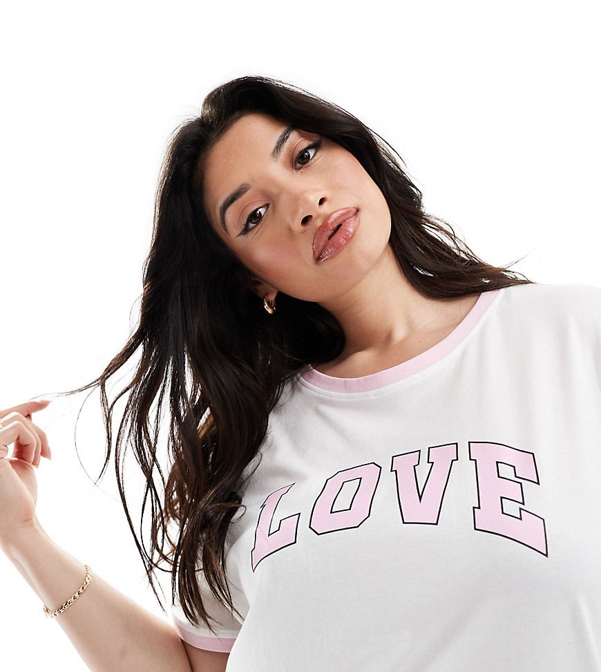Only Curve Boxy Fit T- Shirt With Love Print In White
