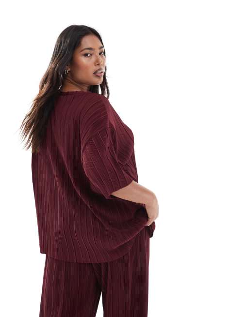 ONLY Curve boxy plisse T-shirt in burgundy - part of a set, 3 of 4