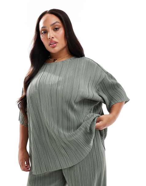 ONLY Curve boxy plisse T-shirt in sage green - part of a set - view 1