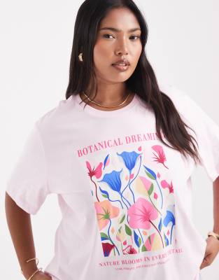 ONLY Curve - Boyfriend T-Shirt in Rosa mit botanischer Grafik